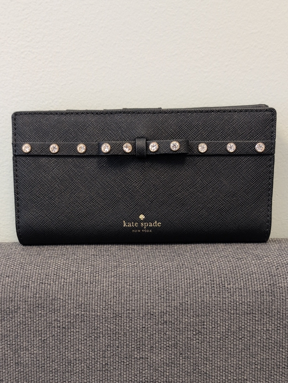 kate spade Black Saffiano Bow Wallet with Crystal Studs